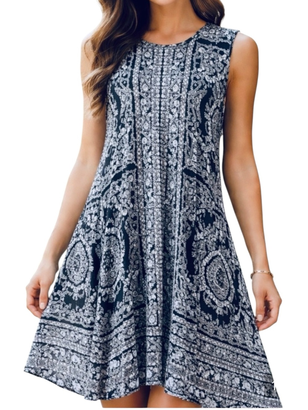 Style & Co XL Black White Paisley Swing Dress Sleeveless Midi A-Line Casual